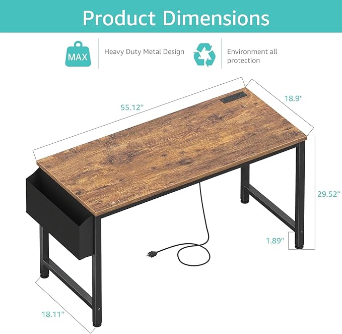 Lufeiya Gaming Desk with Power Outlet, 55 inch Teen Study Table Home Office Work Writing Computer Desks with Charging Station Outlets Built in, Brown