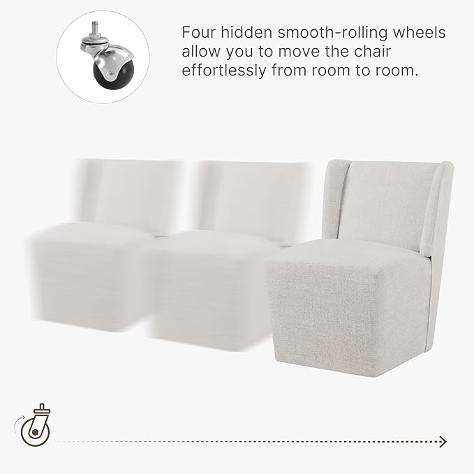 Upholstered Dining Chair with Casters Wingback Modern Side Armless Deskchair with Rollers for Diningroom Bedroom Livingroom Reading Room,Linen,1 Box