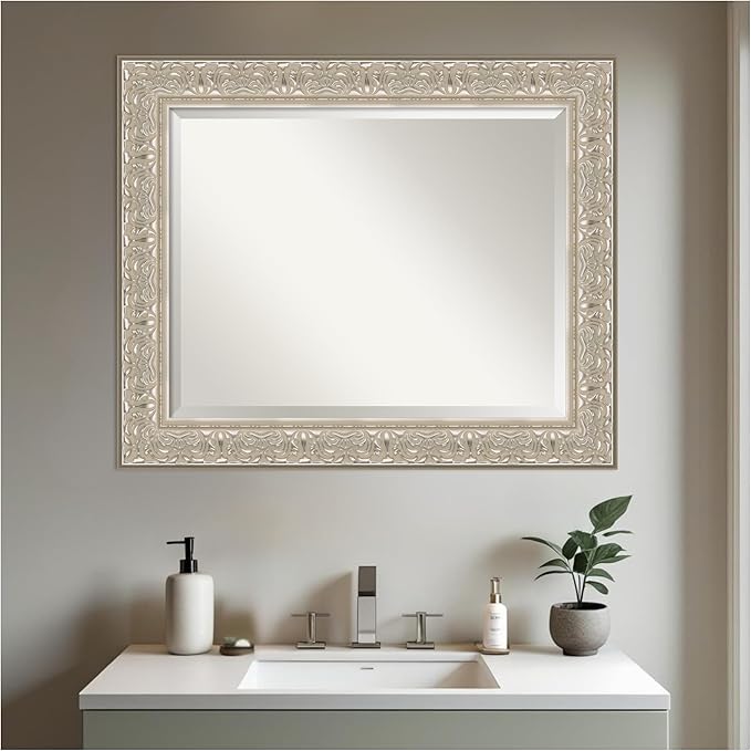 Amanti Art Silver Bathroom Mirror for Over Sink, 29x35 Luxe Silver Cream Rectangle Vanity Mirror, Large Traditional Frame, Hangs Horizonally and Vertically, Bathroom Wall Decor, Beveled Edge