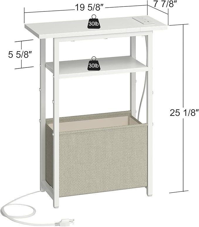 Narrow Side Table with Charging Station, LED End Table for Small Spaces, Skinny White Nightstands with Storage Basket, 3 Tier Sofa Bedside Tables for Living Room,Bedroom, White