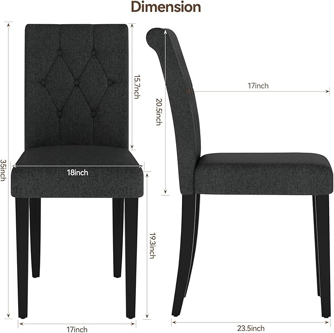 Upholstered Dining Chairs Set of 6, Button Tufted Parsons Dining Chair with Solid Wood Legs, Modern Fabric Side Chair for Dining Room/Kitchen/Restaurant/Hotel- Black