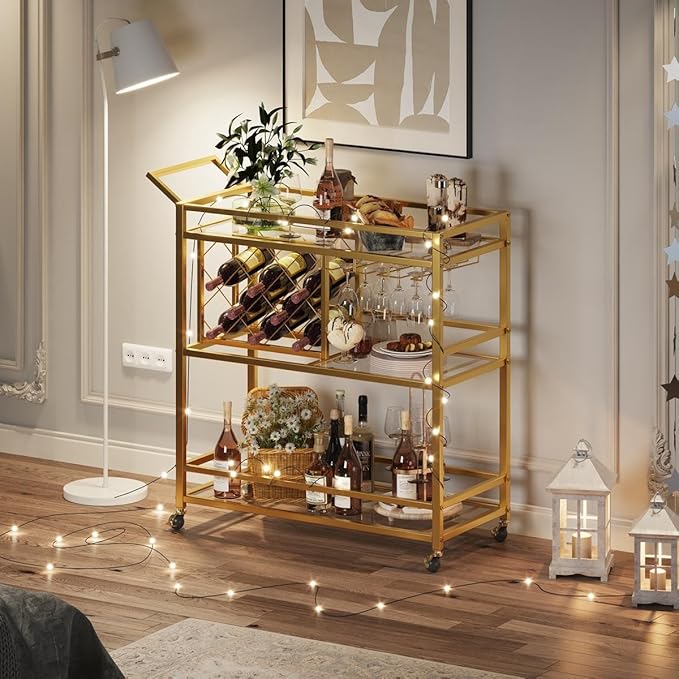 FATORRI Bar Cart Gold, Home Bar Serving Cart with Wine Rack and Glasses Holder, Wine Carts on Wheels with 3 Tier Mirrored Shelves for Liquor and Beverage (Gold)