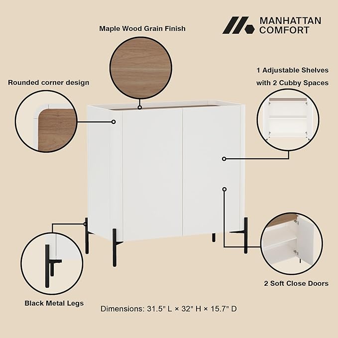 Manhattan Comfort Abbey Accent Cabinet with Doors, Tray Top Design and Adjustable Shelves, Sleek Modern Storage Furniture for Dining Area, Living Room, Bedroom, Entryway, Maple and Off White