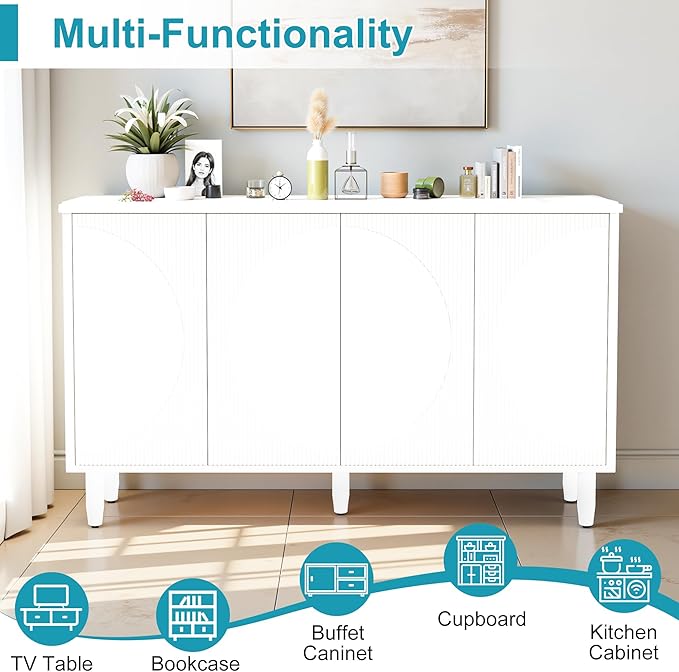 59.4" Sideboard Buffet Cabinet with Storage, Kitchen Buffet Storage Cabinet with Doors & Shelves, Modern Sideboard for Living Room, Kitchen, Hallway, White