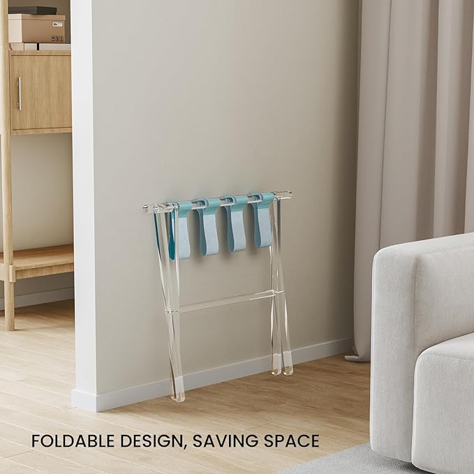 Sumerflos Acrylic Luggage Rack for Guest Room - Foldable Suitcase Stand with Leather Straps for Bedroom Living Room Hotel Heavy-Duty, Holds up to 50-100 lb lightweight Space Saving (Blue & Handle - 1 Pcs)