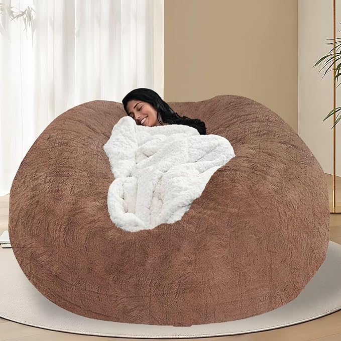 BCU Oversized Bean Bag Cover Comfy Beanbag Chair for Adults Without Filler Faux Fur Floor Chair Lazy Sofa Cover Comfy for Living Room Chairs, Khaki, 5FT