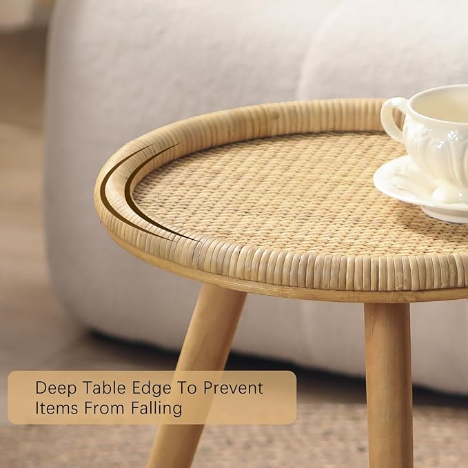 Rattan Round Coffee Table, Boho Circle Side Table End Table for Living Room, Small Mid Century Accent Table for Bedroom Balcony