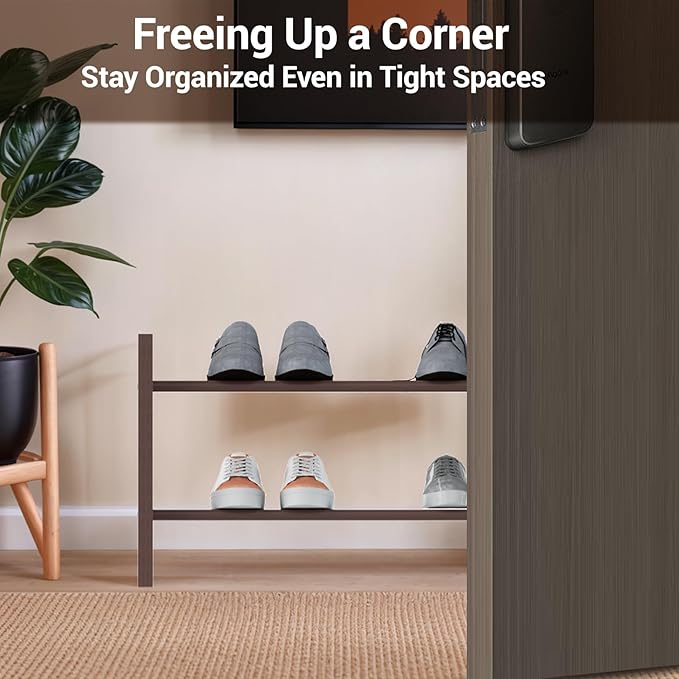 Haddockway Bamboo Shoe Rack for Closet, Free Standing Shoe Organizer with Smooth Round Rods & Convenient Handles, Stackable Shoe Storage Shelf for Entryway, Hallway(Brown, 2-Tier(Small))