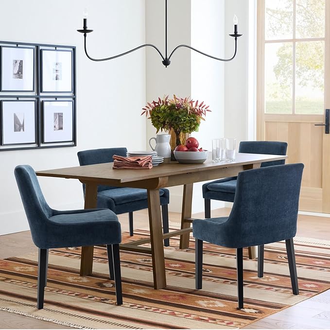 COLAMY Modern Dining Chairs Set of 2, Upholstered Corduroy Accent Side Leisure Chairs with Mid Back and Wood Legs for Living Room/Dining Room-Blue
