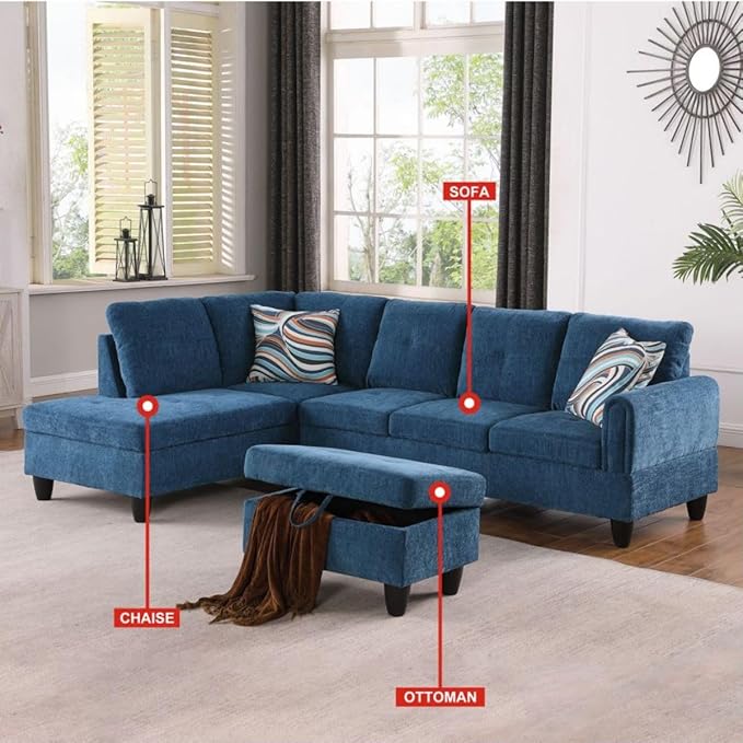 Blue L-Shaped 3-Piece Flannel Sofa with Storage Ottoman Set, Sectional Couch Sofa Set for Living Room, Office, Small Space