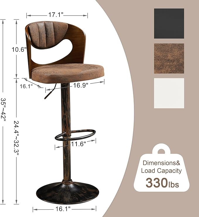 VECELO BarStools Set of 4,Kitchen Island Stools with Bentwood Back,Arm&Footrest,Counter Height Bar Chairs PU Leather Cushion Seat Adjustable Height 360°Swivel,Island Chairs for Club Pub,Rustic Brown
