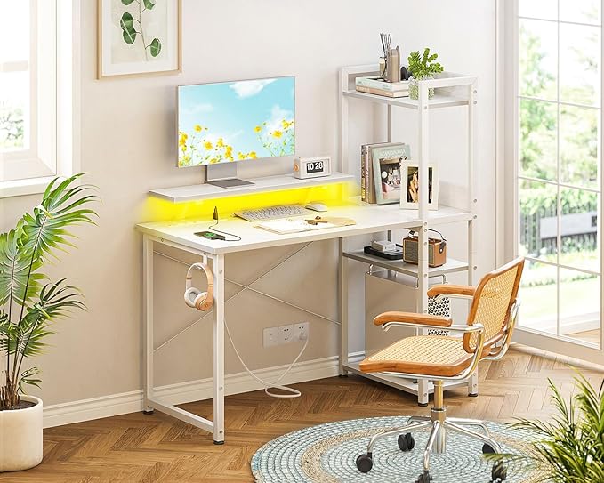 ODK Reversible Gaming Desk with USB Charging Port and LED Lights, 40 Inch Computer Desk with Storage Shelves & Monitor Stand, Writing Study Table for Home Office, Small Space Bedroom, White