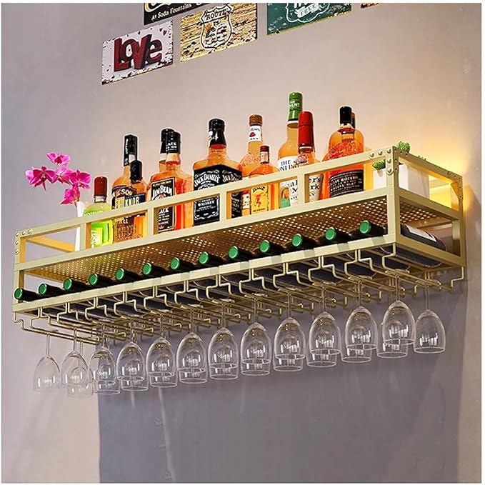 Pengfei LED Wine Rack Wall Mounted, Industrial Metal Wall Wine Shelf & Glass Holder, Large Floating Shelves Wine Bottle Storage Display Rack for Home Bar Dining Room Decor,Gold
