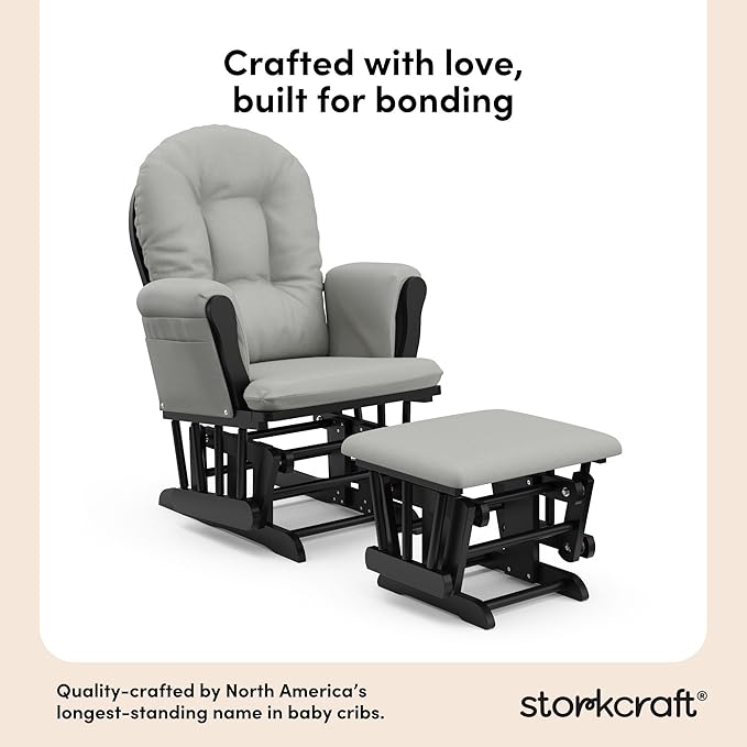 Storkcraft Premium Hoop Glider & Ottoman (Black with Light Gray) — GREENGUARD Gold Certified, Wood Craftsmanship, Convenient Storage Pockets, Smooth-Gliding Chair for Nursery, Multi-Award-Winning