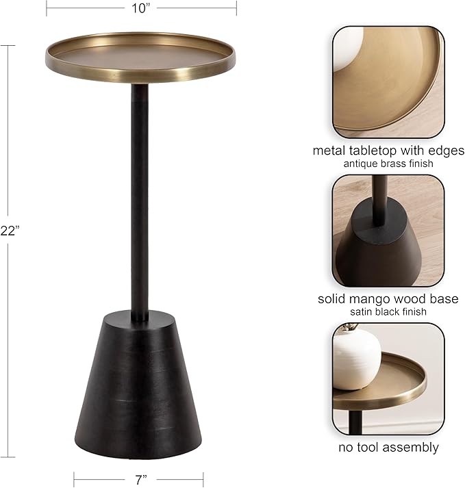 Kate and Laurel Tira Elegant Round Drink Table, 10 x 22, Antique Brass and Black, Vintage Glam Circle Martini Table for Use as a Small Bedroom Nightstand or Living Room Plant Stand Option