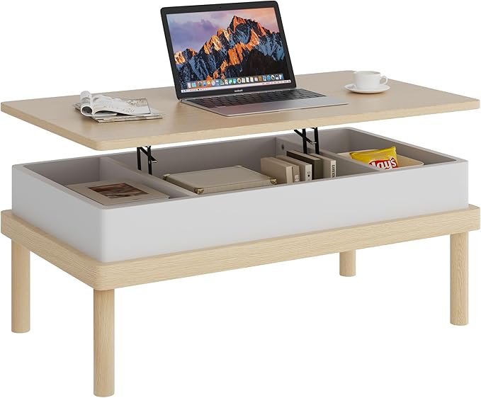 Shintenchi Coffee Table, Lift Top Coffee Table with Hidden Compartment, Rising Tabletop Dining Table, Lift Top Coffee Center Table for Living Room, Office, Home (Oak)