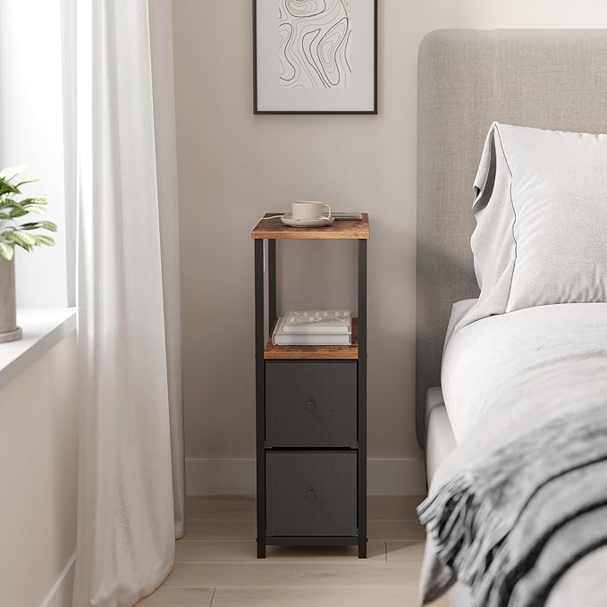 TUTOTAK Small Narrow End Table, Set of 2, Side Table, Nightstand with 2 Cloth Drawers, Couch Table, for Living Room, Bedroom, Bedside, Brown and Black TB01BB054K