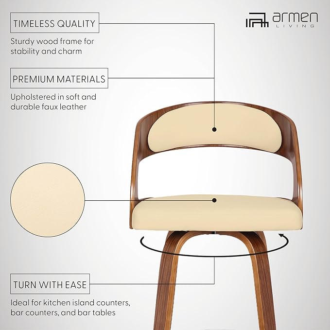 Armen Living Shelly 26" Counter Height Swivel Cream Faux Leather and Walnut Wood Bar Stool - Set of 2