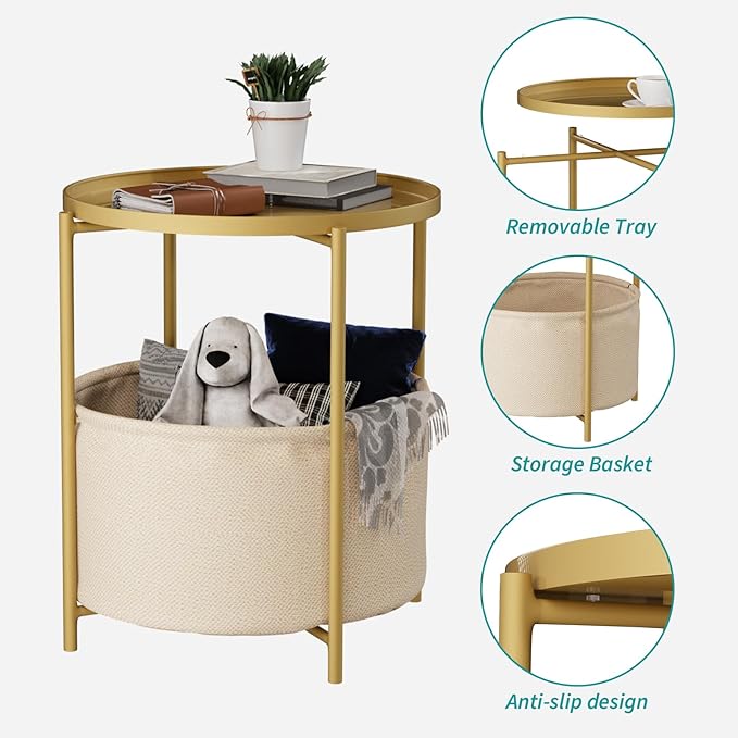 2 Tier Modern Side Table, Round End Table Living Room with Fabric Basket, Small Metal Bedside Nightstand with Removable Tray for Living Room, Bedroom, Office, Gold