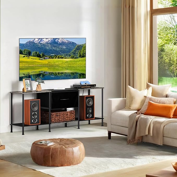 Vrisa TV Stand for 50/55 inch Television Entertainment Center with Storage Fabric Cabinet and Shelves Modern TV Console for Living Room Bedroom, Black+Grey