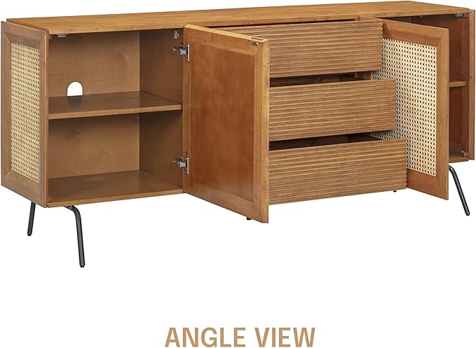 NTC MOSSIC Modern Sideboard with 4 Doors, Natural Rattan Storage Cabinet, Buffet with Metal Legs, Boho Accent Cabinet for Living Room, and Entryway, Effortless Assembly, Teak Look