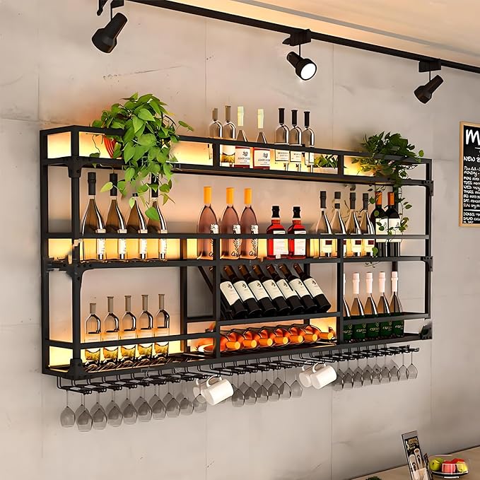 Metal Wall-Mounted Wine Rack with LED Light - 3 Tier Wine Storage Display Rack with Glass Holder - Space-Saving Bottle Display Shelf for Home Bars, Dining Rooms(Black, 31in/80cm)