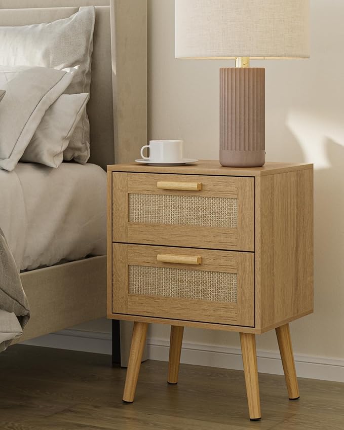 Masupu Rattan Night Stand,Modern nightstand Boho Bedside Table with 2 Drawer,Small End Side Table for Bedroom,Living Room,Office,Natural