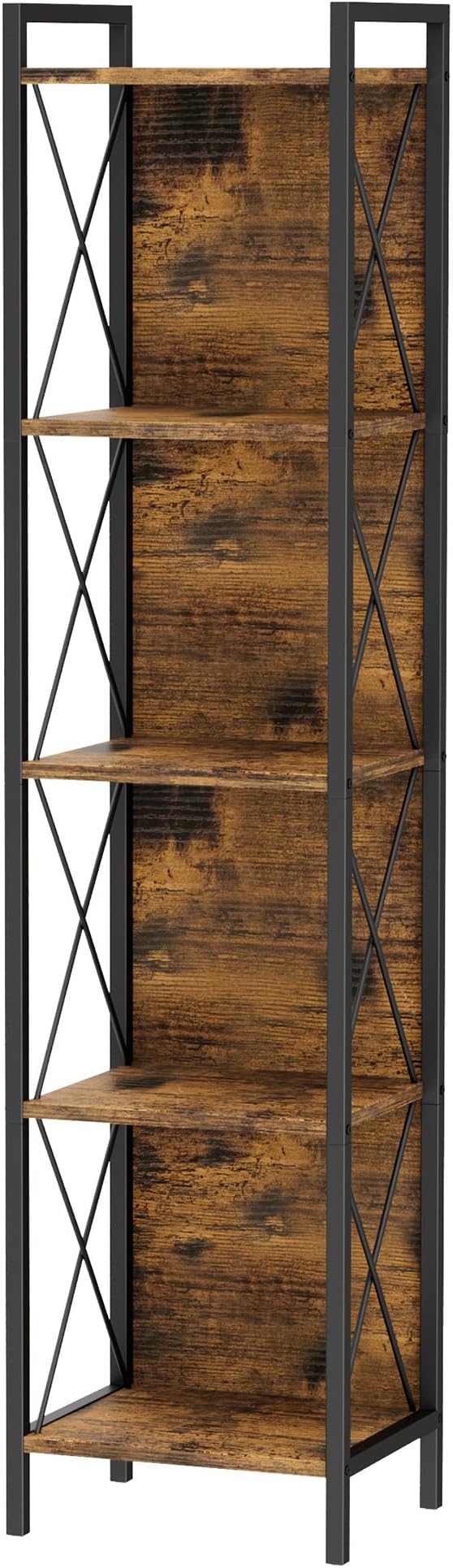 Homhedy 5 Tier Bookshelf Bookcase, Tall Narrow Bookshelf for Small Space, Metal Storage Shelves with Back Panel, for Home Office, Living Room, Kitchen, Bedroom, Industrial Style, Rustic Brown