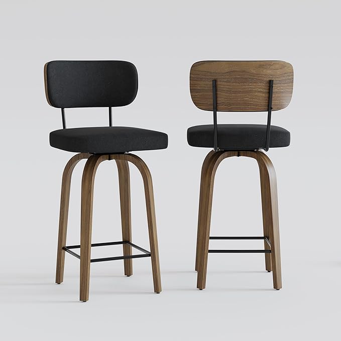 Swivel Counter Height Bar Stools with Back Set of 2, 26" Fabric Upholstered Kitchen Bar Stools with Wood Legs and Metal Footrest for Kitchen Island (Black Fabric)