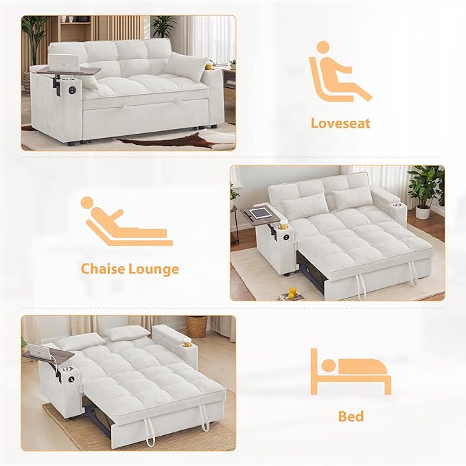 65-inch Multifunctional Loveseat Pull Out Sleeper Sofabed W/Cupholders, Oversized 3-in-1 Convertible Love Seat with Pull-Out Sleeper Couch Bed, Storage, USB Ports, Side Table for Living Room Bedroom