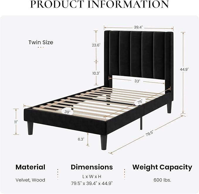 SHA CERLIN Twin Bed Frame/Velvet Upholstered Platform Bed Frame with Headboard/Strong Wood Slats Support/Mattress Foundation/No Box Spring Needed - Black