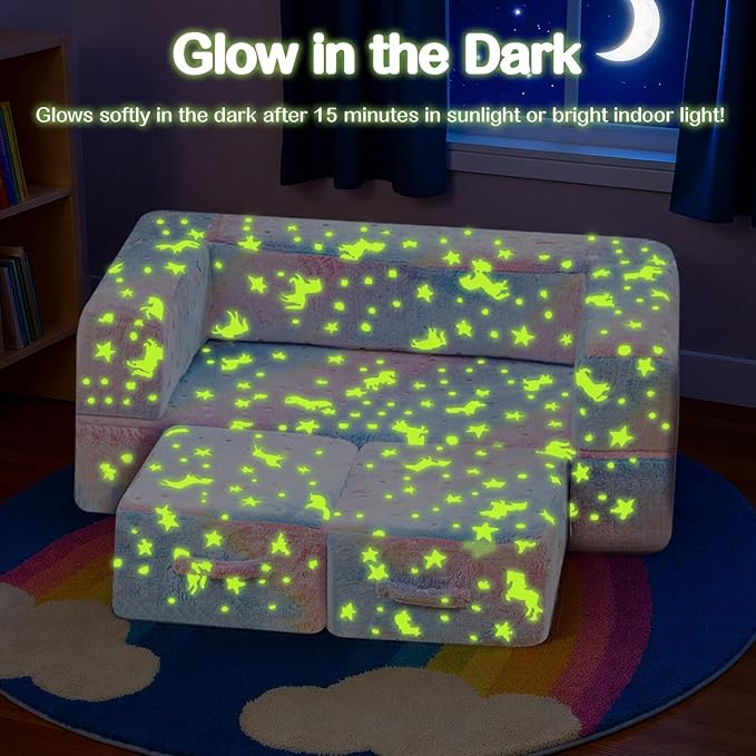 Lamerge Toddler Couch Glow in The Dark Toddler Fold Out Couch for playroom, Convertible Baby Fold Out Play Foam and Floor Cushion for Bedroom (Rainbow+Unicorn)