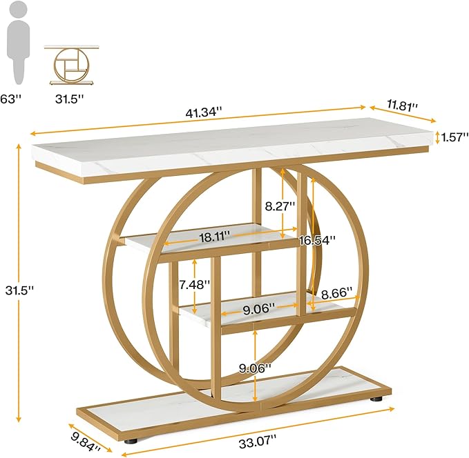 Tribesigns 41.3" Console Table, Industrial 4-Tier Sofa Entryway Table with Circle Base, Narrow Wood Accent Tables with Storage Shelves for Living Room, Hallway, Foyer, White Gold