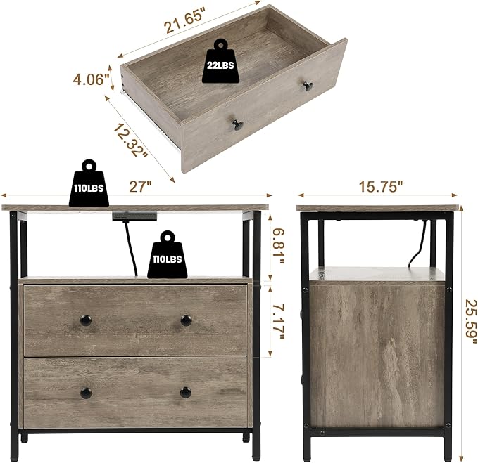 27 inch Wide Nightstand with Charging Station, Bedside Table with Open Shelf, 2 Drawers Small Wood Dresser, End Side Table for Bedroom (Rustic Gray)
