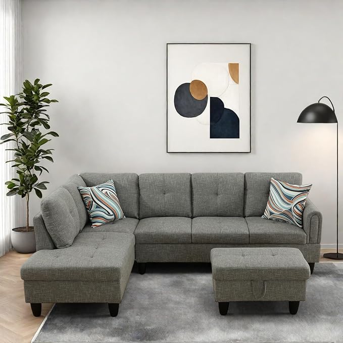 Modern Living Room Furniture Sets with Pillows, Modular Sectional Couches with Chaise Lounge, 4-Seaters L Shape Sofa with Storage Ottoman, for Living Room, Grey