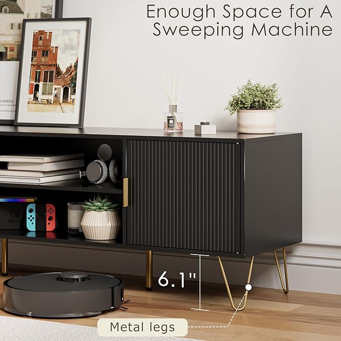 TV Stand for 55-65 inch TV, Entertainment Center with Soft Hinge Door,TV Console Table with 2 Cabinets with Gold Handle and Feet,for Living Room, Bedroom, Black