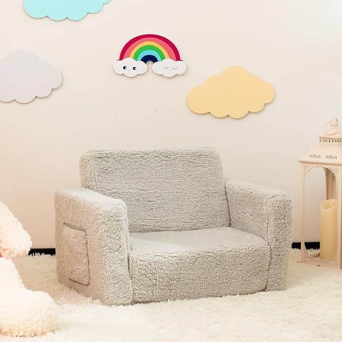 ALIMORDEN Kids Couch, 2-in-1 Fold Out Toddler Chair & Snuggly Foam Lounger Seat, Removable Washable Cover - Soft Reading Couch, Ideal Gift for for Boys and Girls, Light Grey