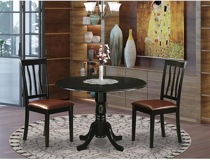 East West Furniture DLAN3-BLK-LC 3 Piece Dinette Set for Small Spaces Contains a Round Dining Table with Dropleaf and 2 Faux Leather Upholstered Dining Chairs, 42x42 Inch, Black