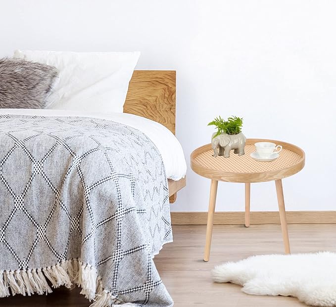 Round Coffee Table Set of 2, Natural Boho Side Table, Small Mid Century Modern Rattan End Tables for Living Room Bedroom Office