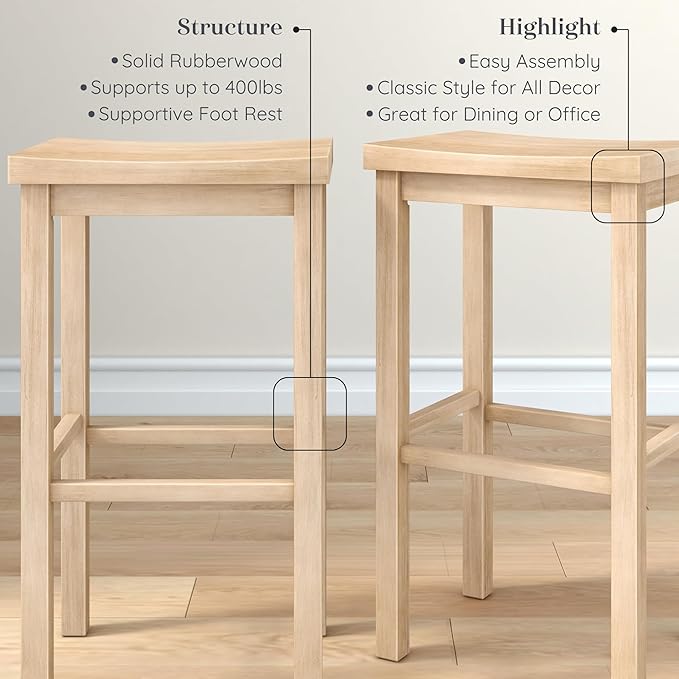 Grain & Grove Smith Collection Set of 2 Solid Wood Bar Stools, 30 inch Saddle-Seat Bar Chairs, Backless, Heavy-Duty Construction, Footrest Support, for Kitchen Islands, Home Bars, and Counters, Blonde
