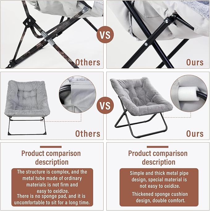 Tiita FoldedChair with Ottoman, Soft Faux Fur Oversized Folding Accent Chair,Lounge Lazy Chair, Metal Frame Moon Chair for Bedroom, Living Room, Dorm Rooms, Garden and Courtyard