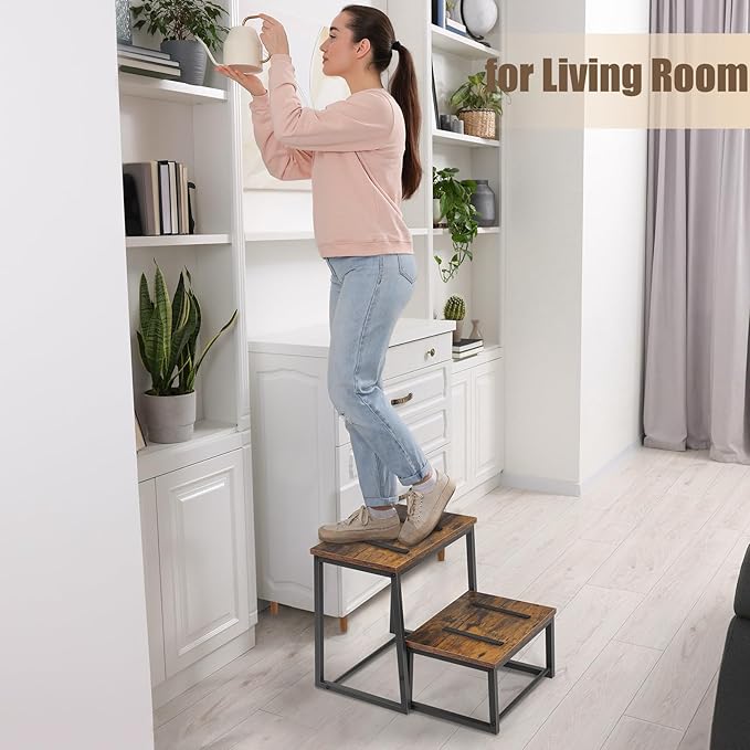 Vrisa Wood Step Stool for Adults Bedside Steps for High Beds Two Step Stools with 550Lbs Load Capacity Heavy Duty RV Stepping Stool for Kitchen Bedroom Living Room, Rustic Brown