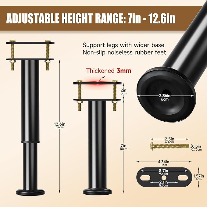 Metal Bed Frame Support Legs, 7-12.6 Inch Adjustable Height Bed Support Legs, Bed Legs Replacement Parts for for King Queen, Under Bed Support Slat Reinforcement Kits, Bed Frame Center Support 4 Pack