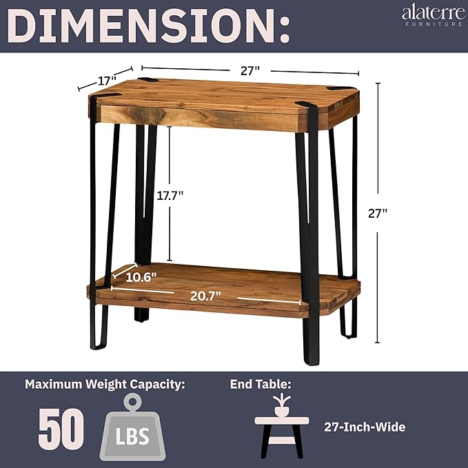 Ryegate Live Edge End Table with Storage – 2-Tier Solid Acacia Wood Side Table with Metal Frame and Lower Shelf – Industrial Accent Table for Living Room or Bedroom by Alaterre Furniture