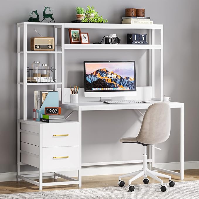 Tribesigns 55 Inch Computer Desk with 2 Drawers and Storage Shelves, Rustic Office Desk with Hutch, Study Writing Gaming Table Laptop Workstation for Home Office (White)