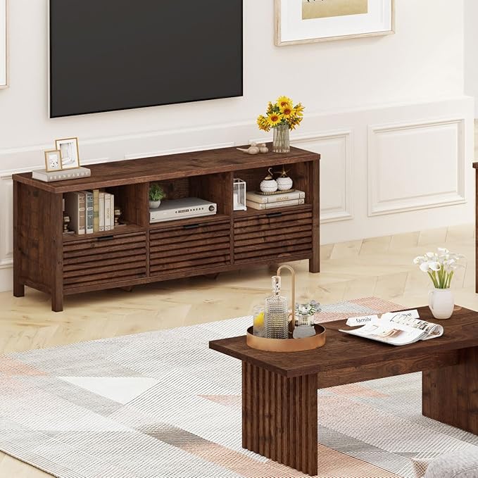 BON AUGURE TV Stand, Mid Century Modern Media Console for 65/55/50 Inch TVs, Wood Fluted Entertainment Center with Storage for Living Room, Bedroom (Rustic Oak)