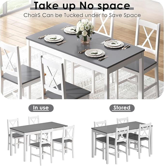 sogesfurniture 42.5''Dining Table Set for 4，Dinette Set for 4 Small Space,5 Pieces Dining Table for Kitchen, Dining Room, Pine Wood,Grey&White