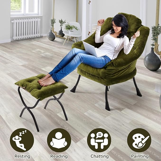 Lazy Chair with Folding Ottoman,Leisure Sofa Chair,Soft Fabric Armchair with Armrests and Side Pockets, Reading Chair with Footrest for Living Room, Bedroom, Office (Plush Green)
