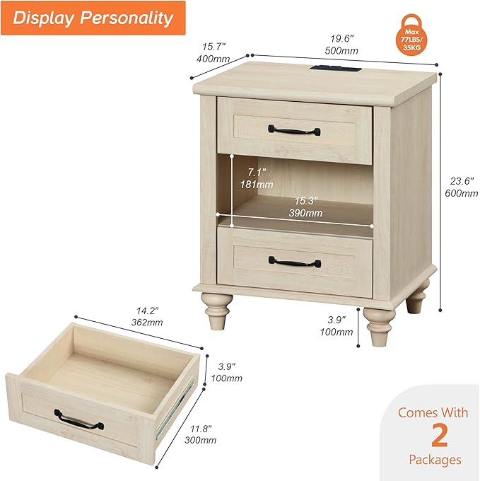 WAMPAT Set of 2 End Tables with Charging Station, 2 Drawer Nightstand for Bedroom with Storage Shelf, 2 Pack Wooden End Tables Bedside Table for Living Room, Beige