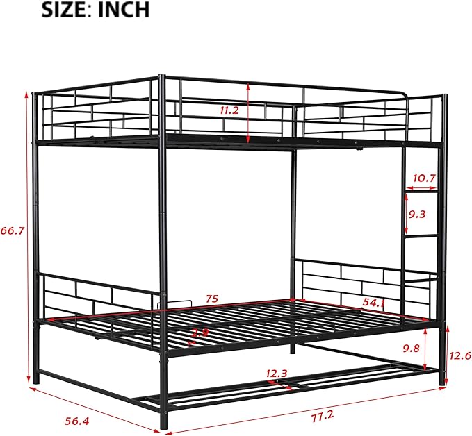 Metal Full Over Full Bunk Bed with Storage Shelf and Guardrails,Multifunctional Bed Frame w/Ladder,Can Seperated into 2 Beds,No Spring Needed,for Kids Boys Girls Teens,Black